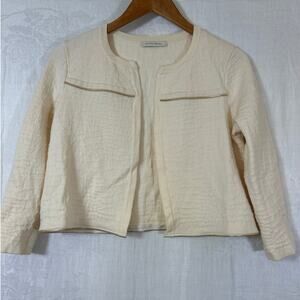Stefan Green 2 Cardigan Sweater Merino Wool Blend Cream Gold Zip Trim Boxy